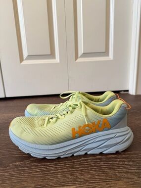 Hoka Ricncon 3 Men’s Yellow and Light Blue Running Shoes with Orange HOKA Logo